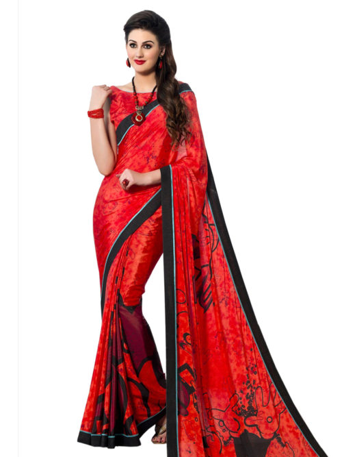 Red saree in crepe fabric