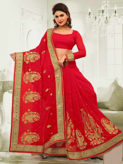 embroidered georgette red sari
