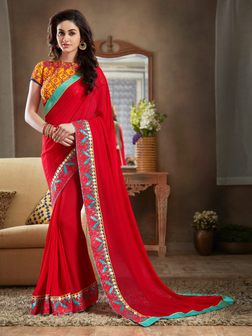 red casual wear georgette sari