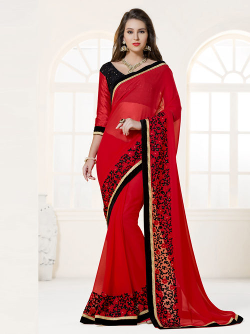 Red Faux Georgette Partywear Saree