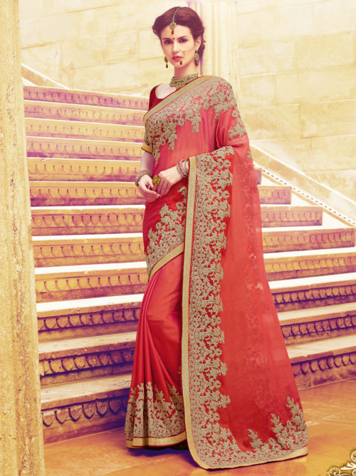 red marble chiffon designer embroidery saree