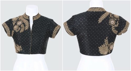 designer black collar neck raw silk blouse