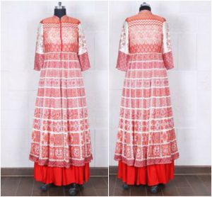 Red Printed Cotton Anarkali Suit