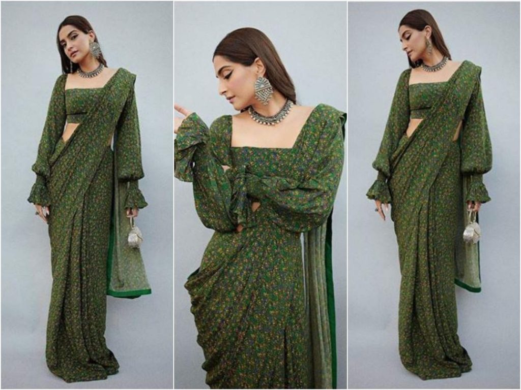 sonam kapoor in green floral saree