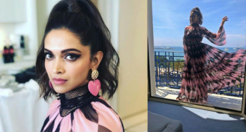 Deepika Padukone look in a pink and black flowy sheer maxi dress