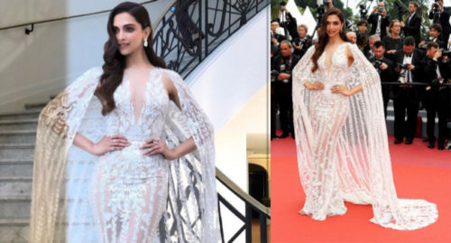 Deepika Padukone in white embellished sleek cape gown