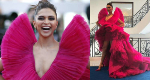 Deepika Padukone in a bright pink net structured feathered and layered gown