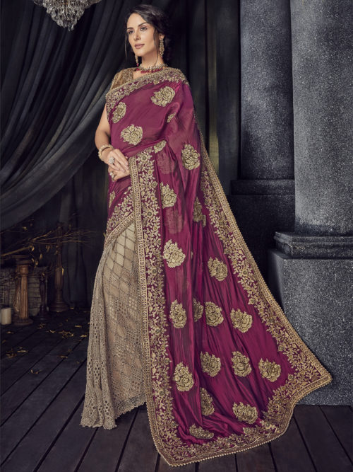 Half and Half Embroidered Saree For Party