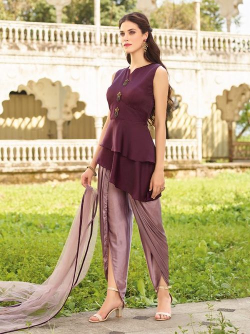 Wine and light violet dhoti suit