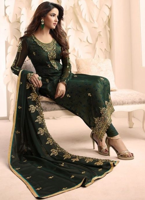 Bottle green textured salwar suit with heavy embroidered dupatta