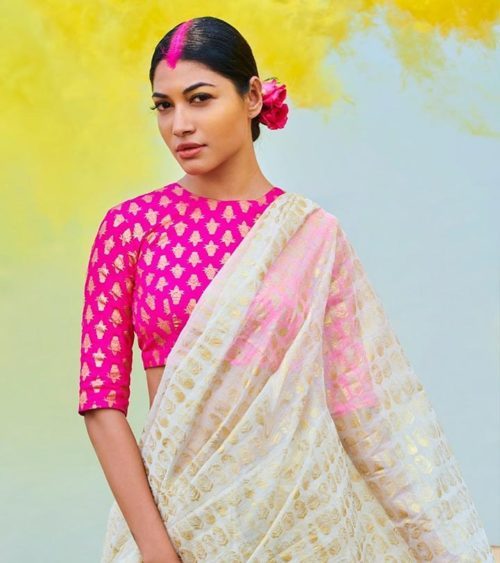 Gold buttis blouse design for pattu saree