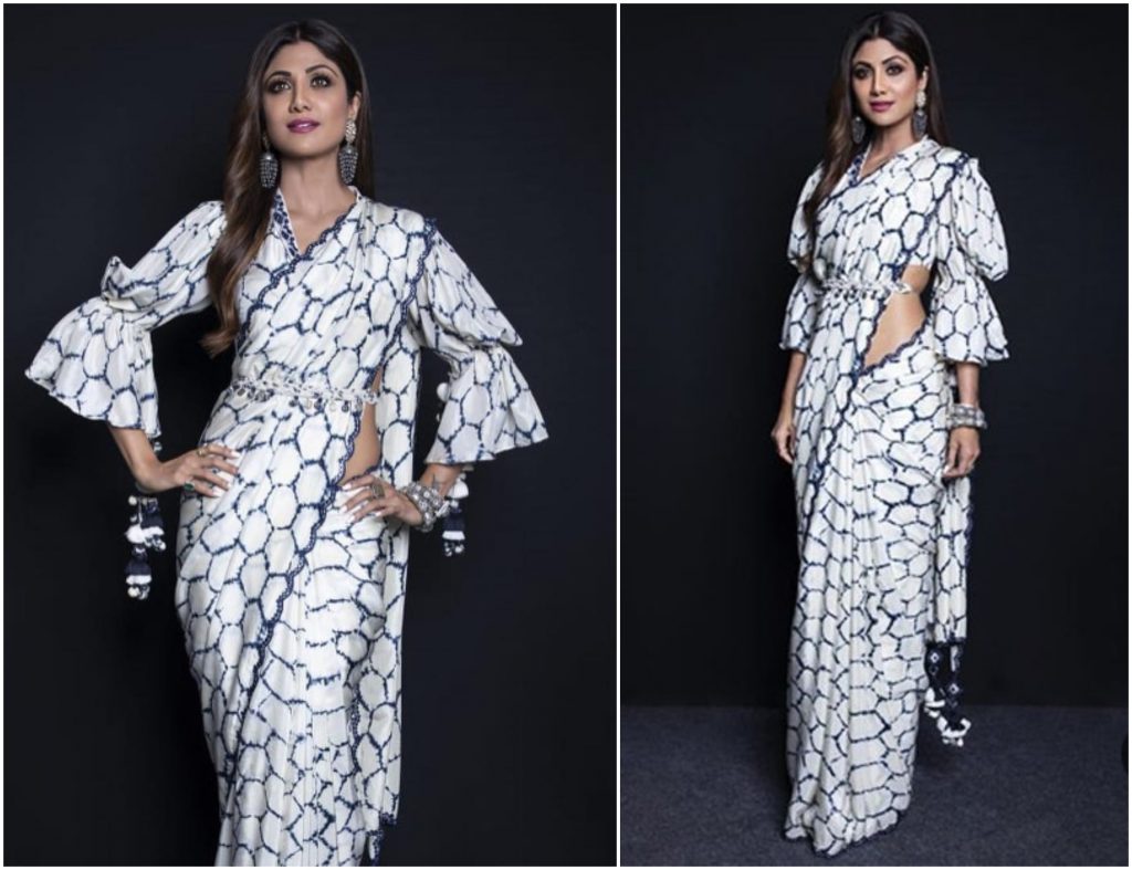 printed celebrity saree style, white saree styles, 