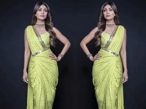 saree gown, neon saree trend, how to style saree like shilpa