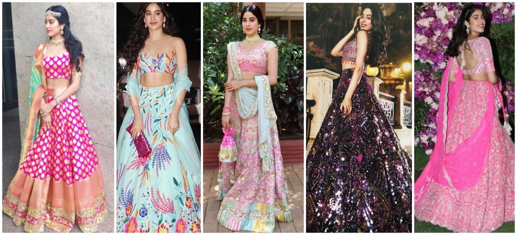 bollywood celebrity lehenga choli designs, jhanvi kapoor lehenga outfits, lehenga choli dress for girls
