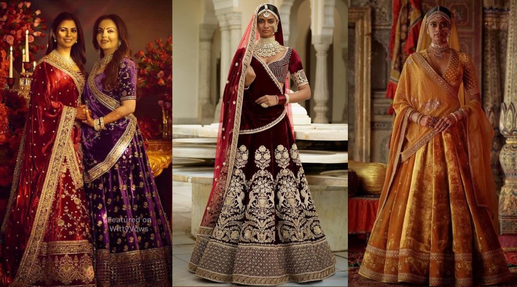 sabyasanchi designer lehenga choli designs, velvet lehengas, ambani family wedding outfits