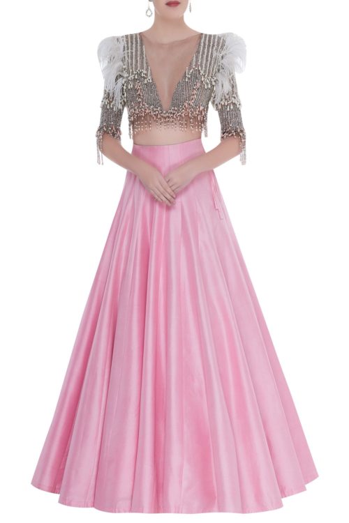 Pink lehenga with a grey blouse