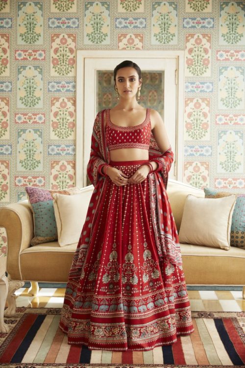 Printed red lehenga