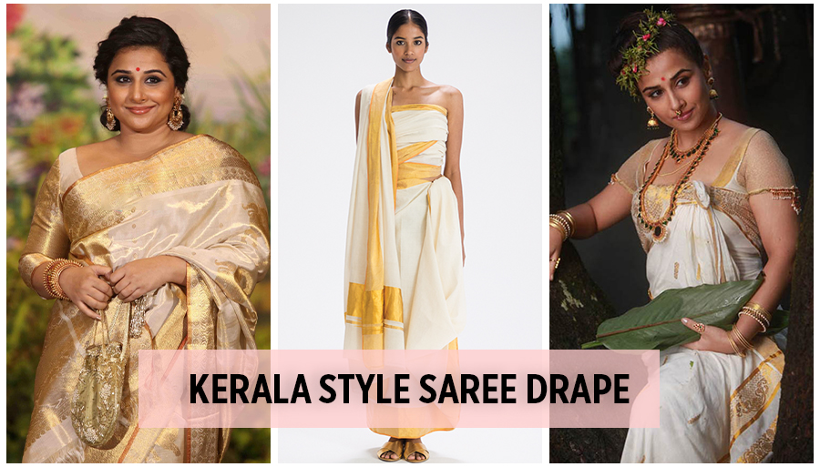 kerala style saree draping, kerala silk saree, vidhya balan in kerala white saree,
