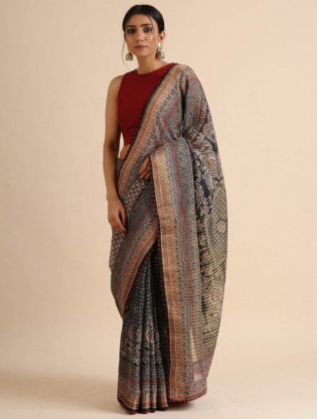 printed linen saree