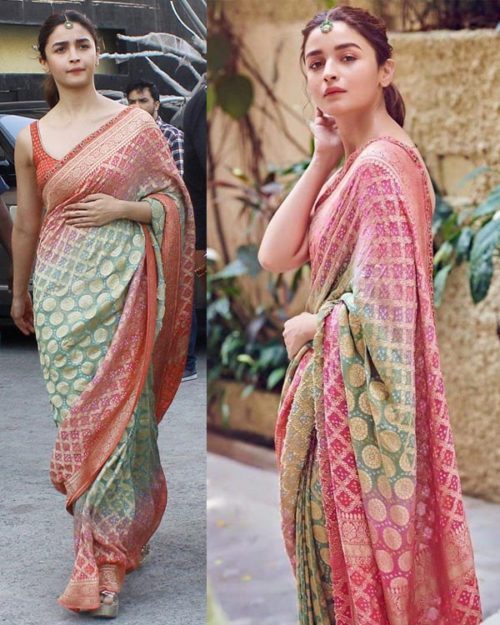 Alia Bhatt in Pink and Green Bandhej Saree