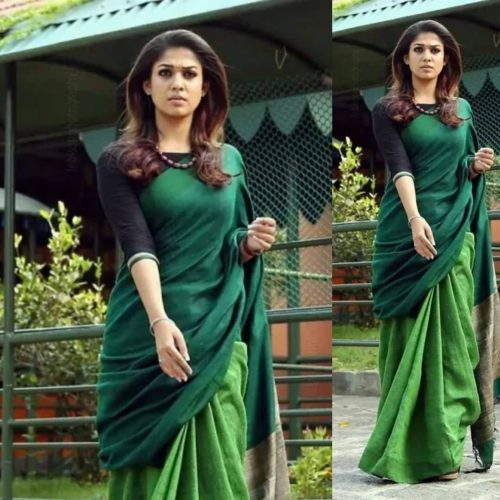 Nayantara in green half and half linen saree