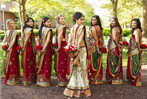bridesmaid in printed saree
