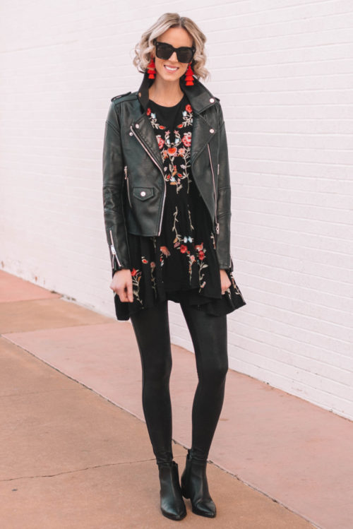 printed dress with leather jacket