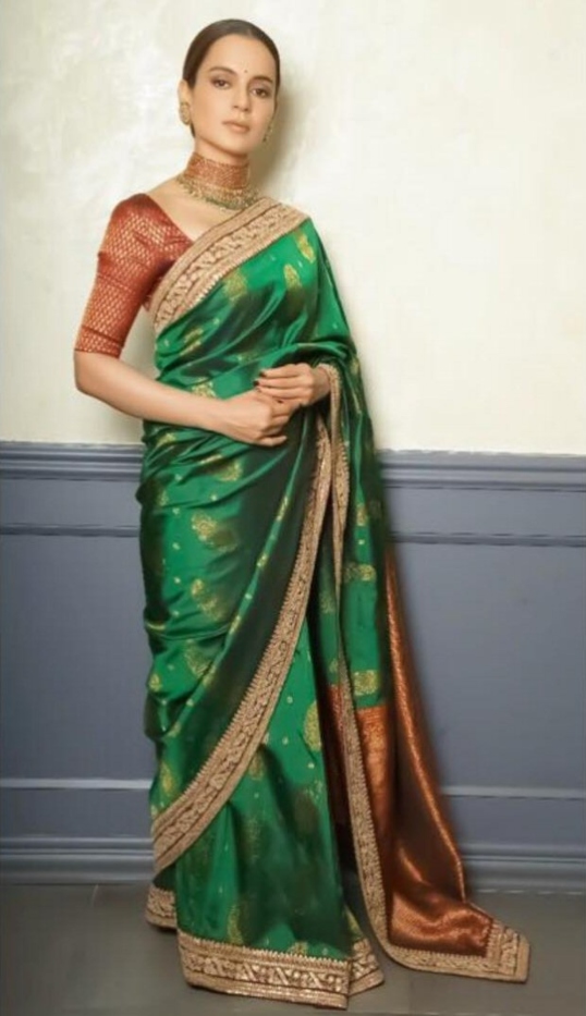 kangna ranaut in deasigner saree, green silk saree, 