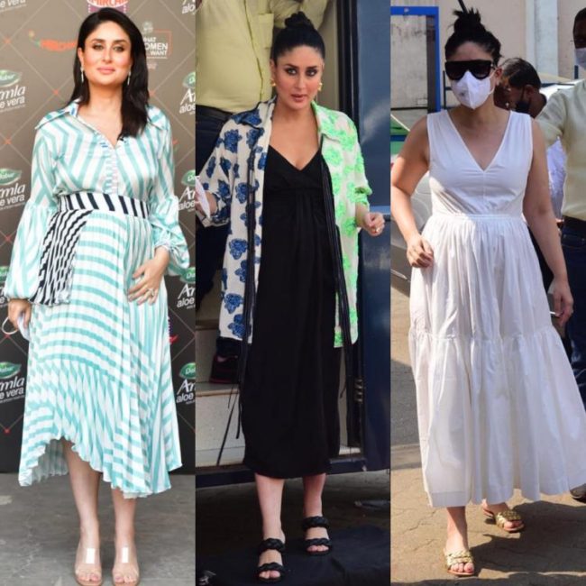 kareena kapoor in black dress, kareena in white mdi frock, kareena in stripes dress,