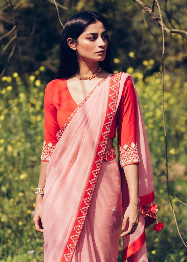 red saree pink blouse