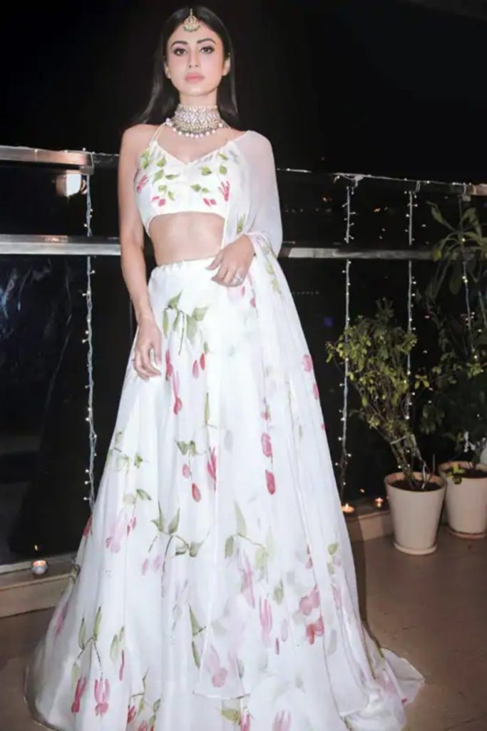 TV Actress Mouni Roy White Floral Lehenga