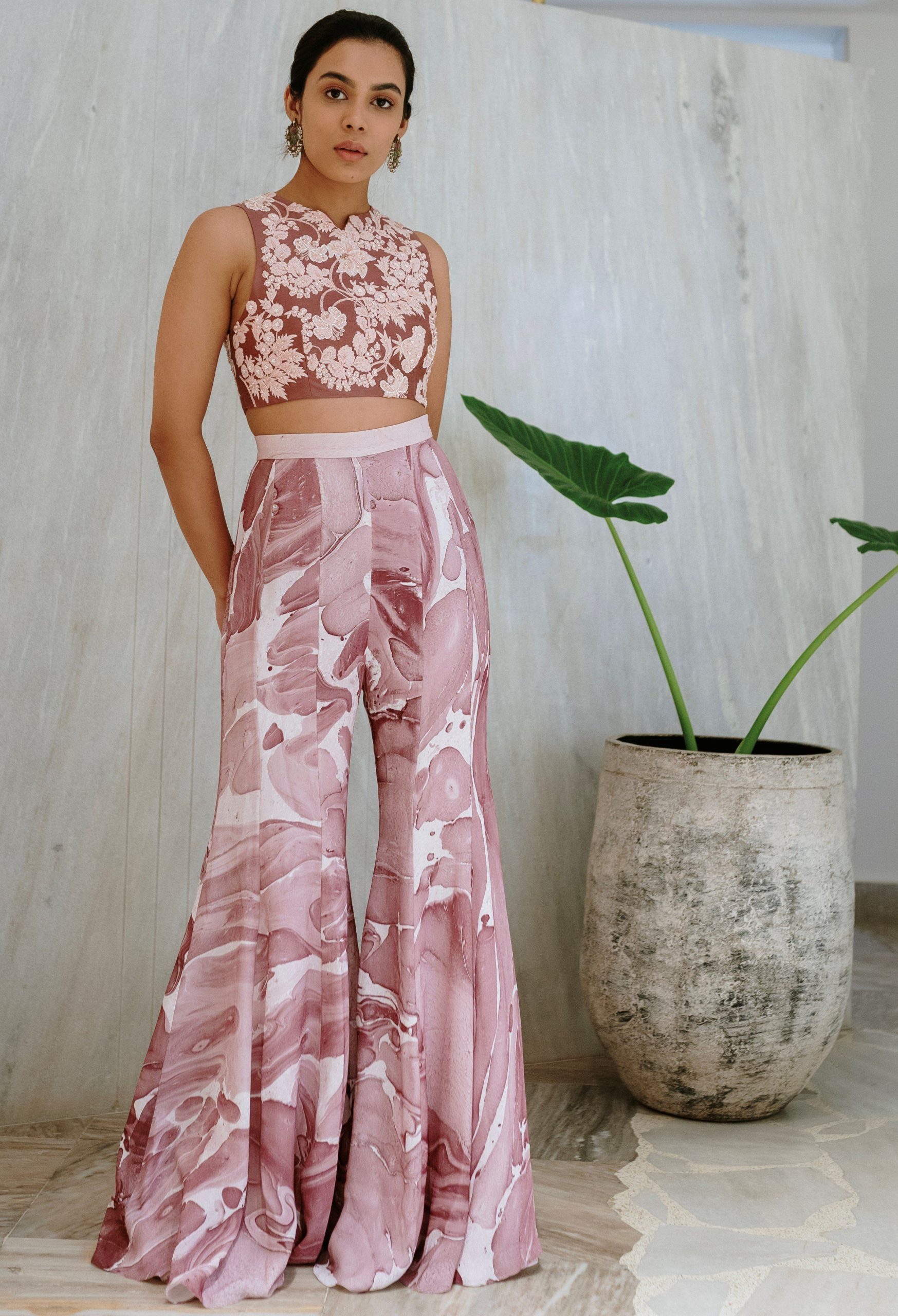 crop top and sharara wedding guest outfit