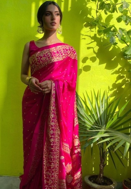 Hot Pink Pashmina silk saree