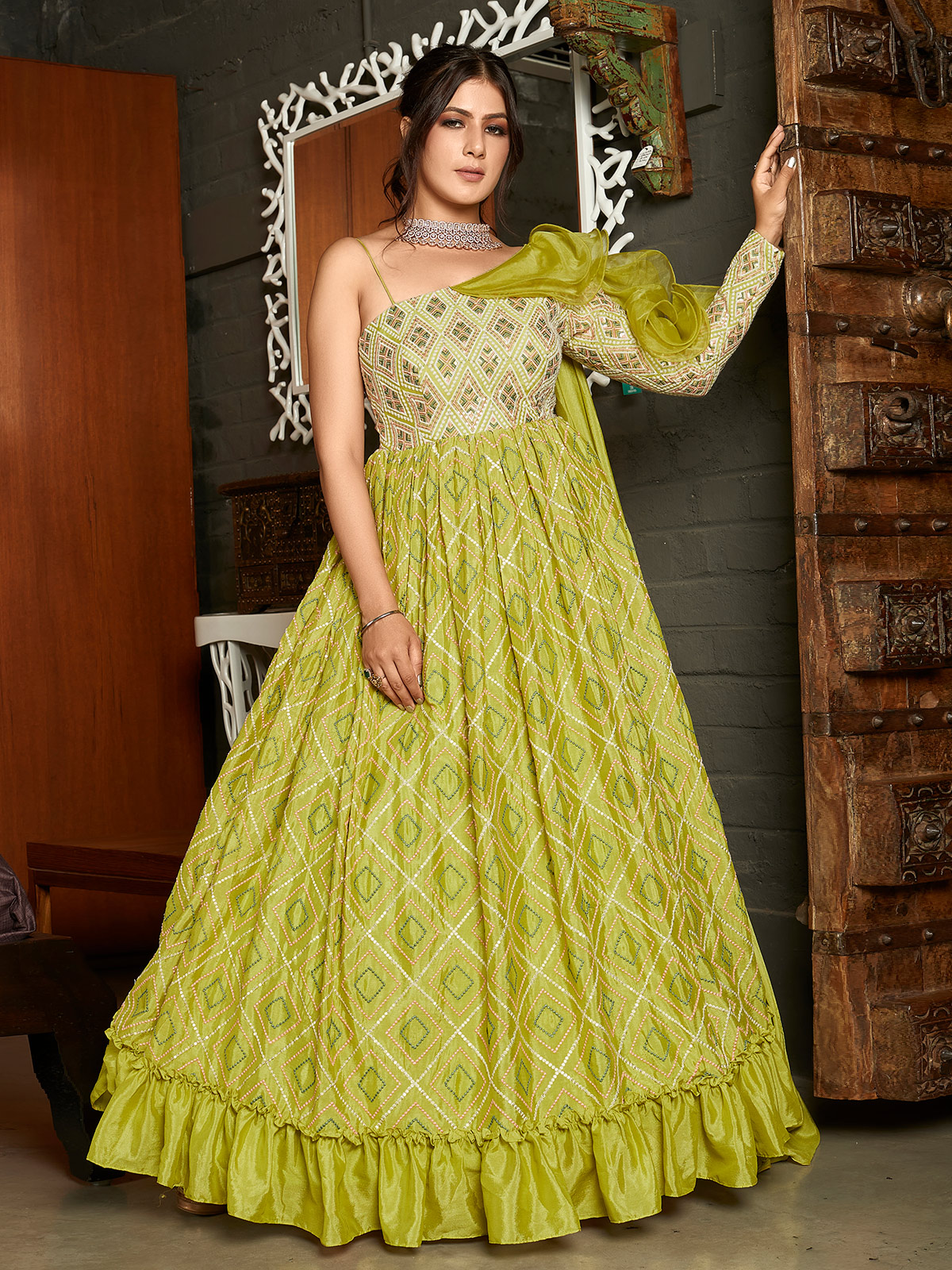  Pretty Mehendi Green indo western gown