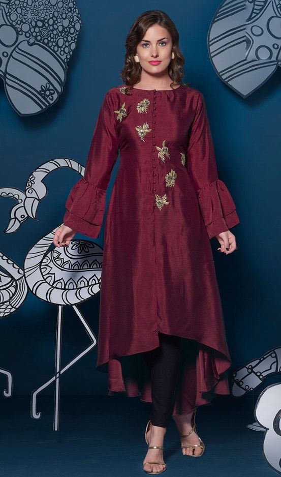 maroon up and down long festive kurti 