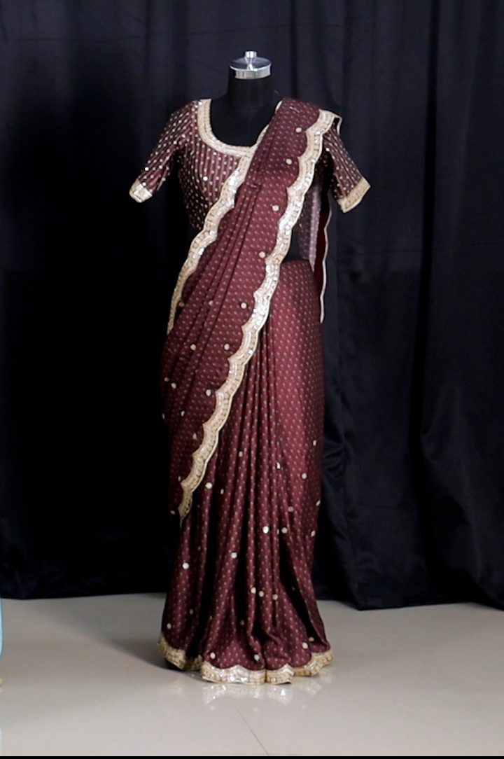 maroon satin ready to wear saree