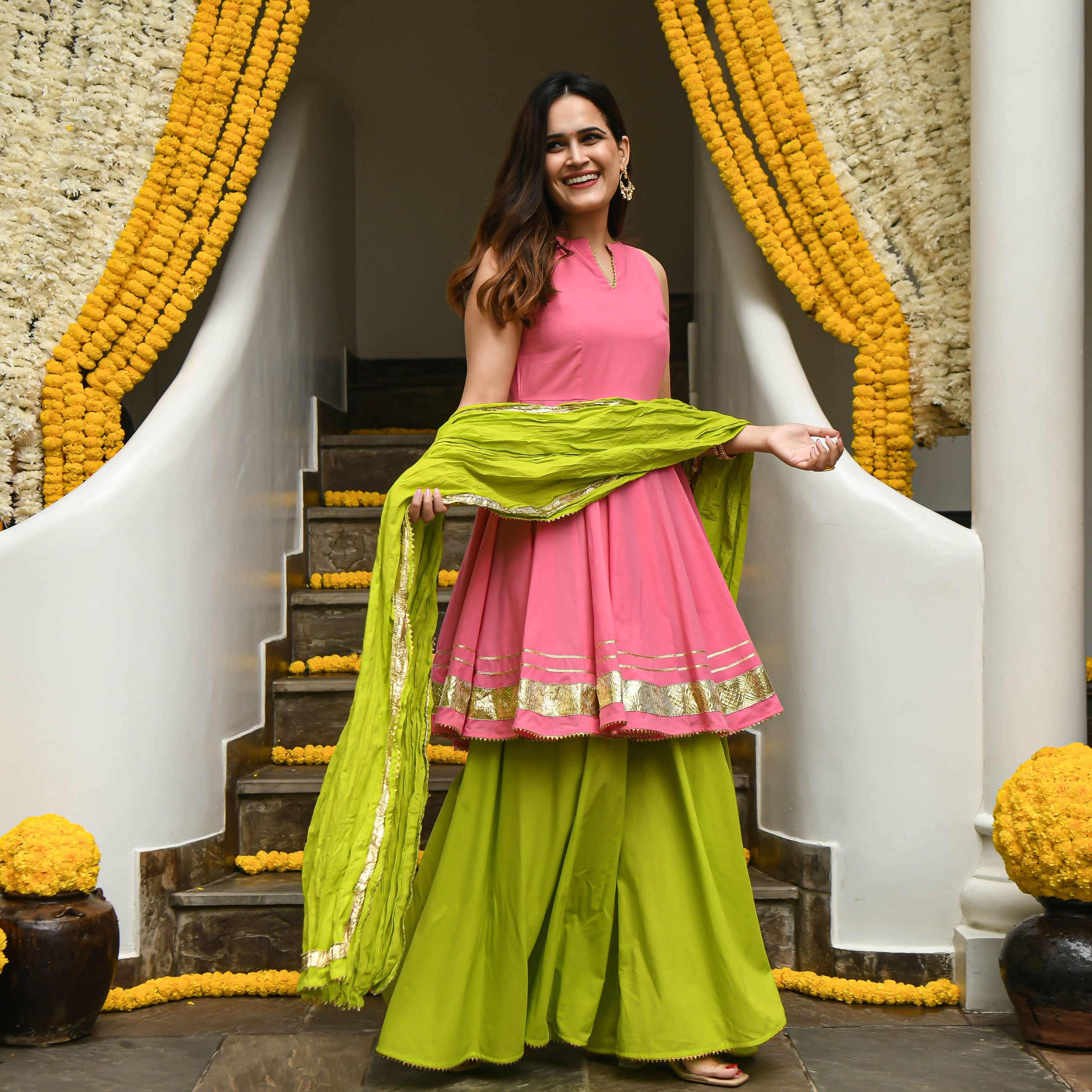 Peach and green Sharara for Raksha Bandhan