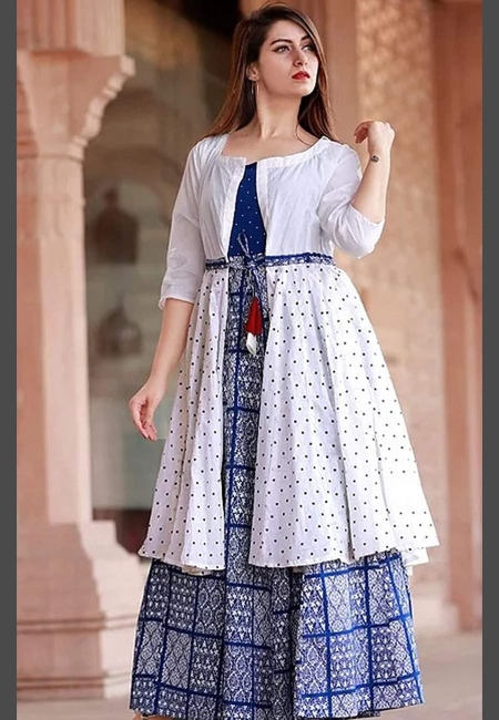 blue and white anarkali as holi outfit ideas