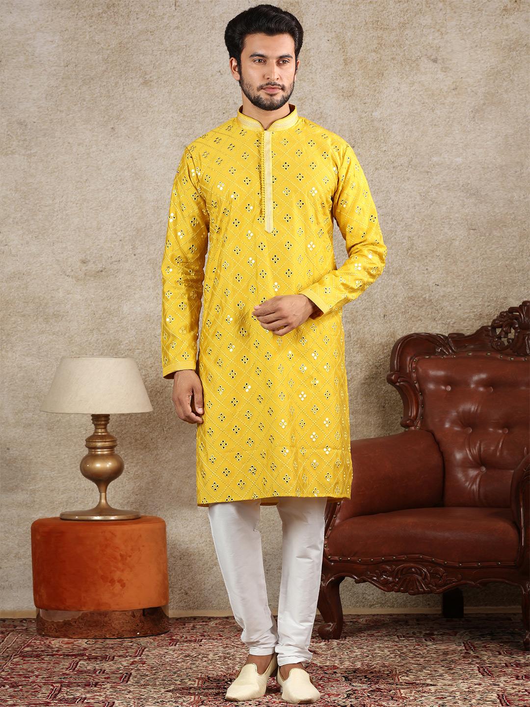 mirror worked yellow kurta for eid outfits
