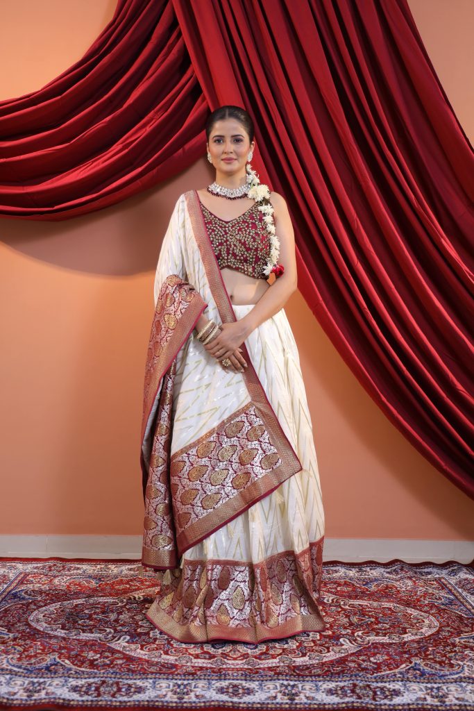 Saree draping in Lehenga style for Sangeet