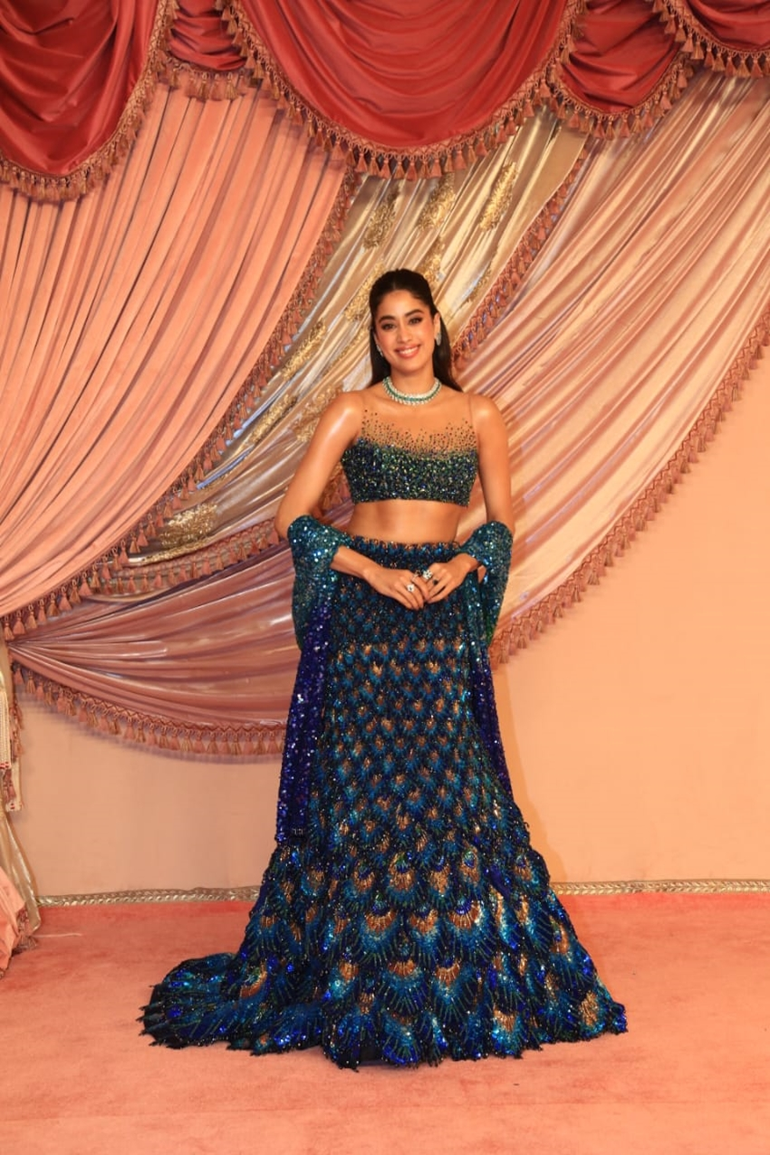 Jhanvi Kapoor in a Peacock Blue Lehenga for Sangeet